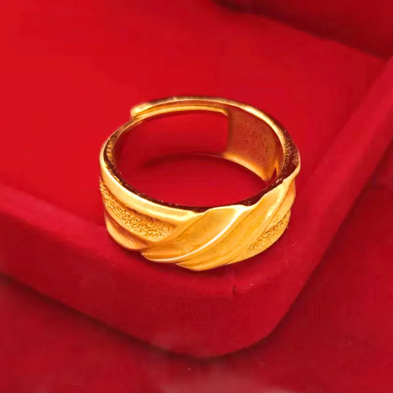 Luxury 24K 9999 Pure Gold real gold Star Sea Male Ring Wave Pattern Opening Adjustable Ring