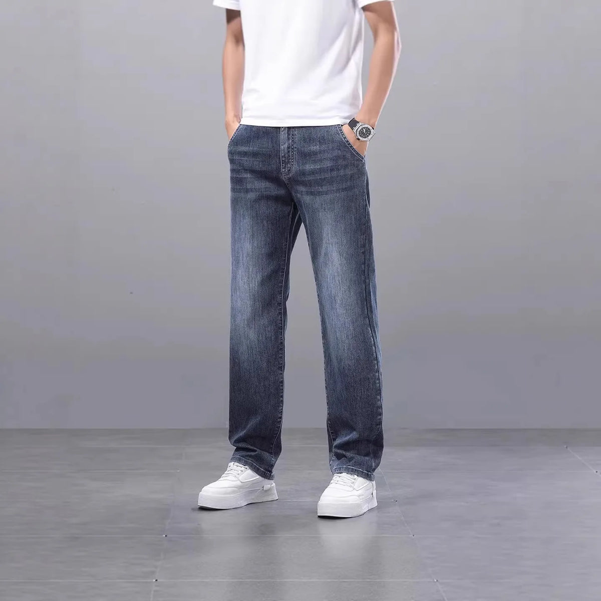 2026 Brand Spring Autumn Slim Men's Jeans Casual Breathable Cotton Fabric Stretch Denim Pants Blue Trousers Male Plus Size