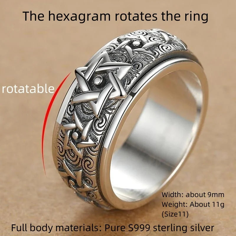 Real S999 Sterling Silver Vintafe Great Wall Pattern Double Layer Rotatable Closed Rings For Man Woman Lucky Jewelry Gift