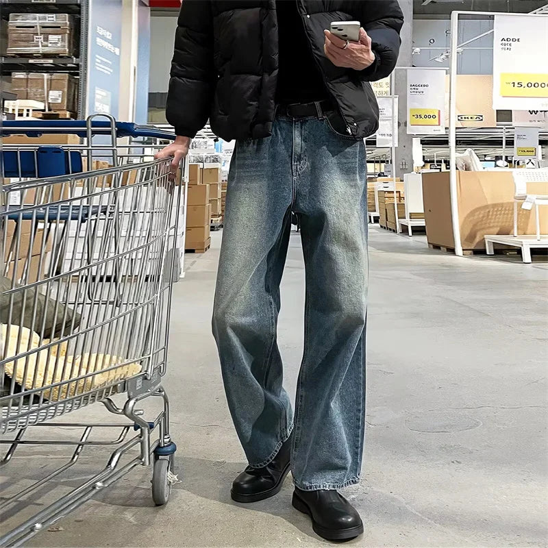 Y2K Streetwear Straight Denim Trousers Men Fashion Washed Vintage Blue Baggy Jeans Hip Hop Casual Cleanfit Jeans