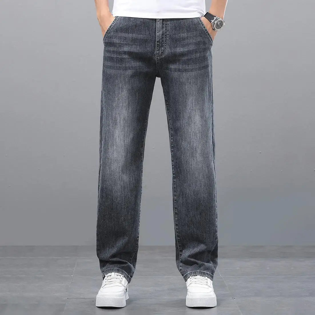 2026 Brand Spring Autumn Slim Men's Jeans Casual Breathable Cotton Fabric Stretch Denim Pants Blue Trousers Male Plus Size