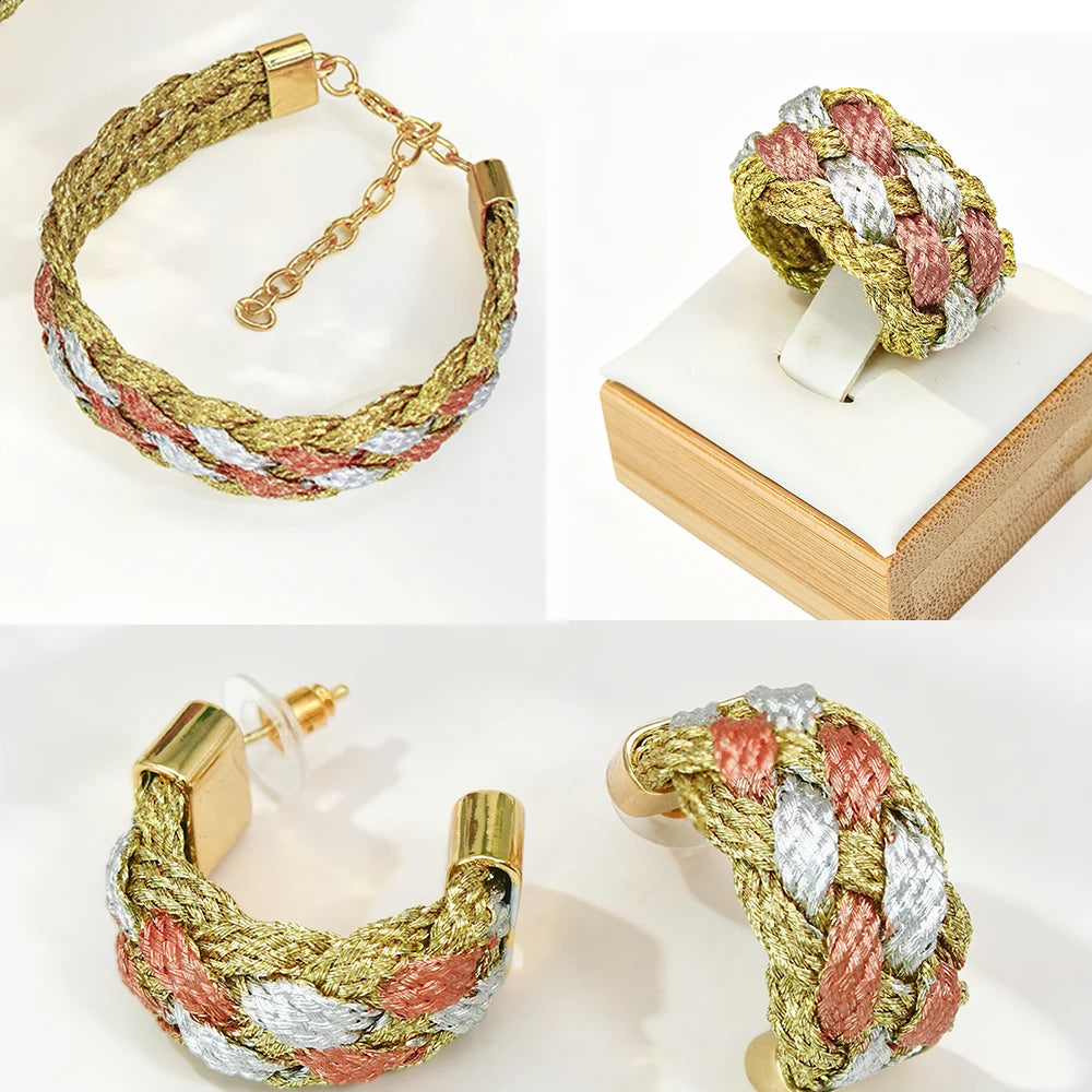 Handmade Tri Color Braided Jewelry Set 4Pcs Bohemia Boho Women Woven Twis Necklace Earrings Bracelet Ring Jewelry Gift