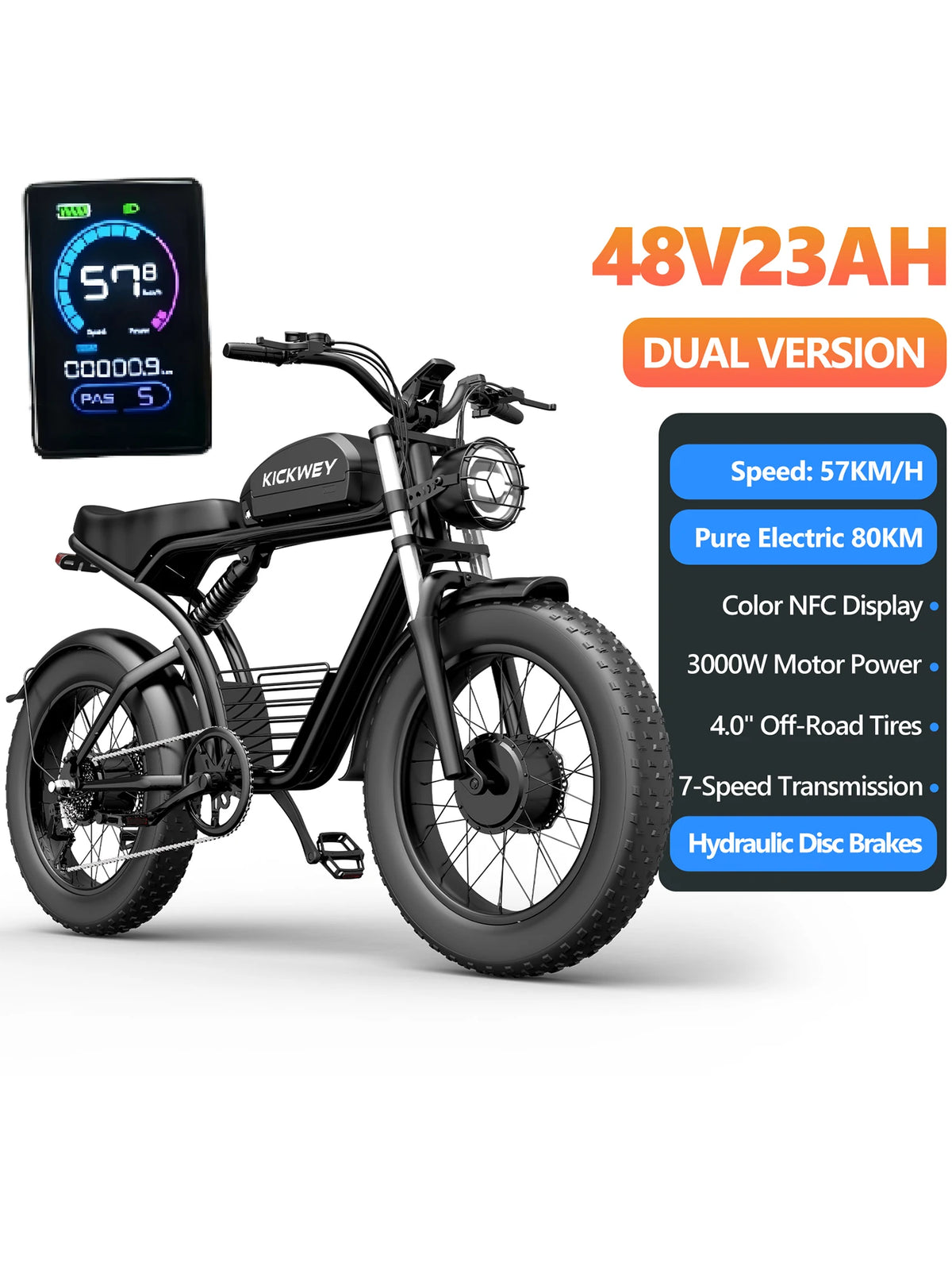 K7 Electric Bike, 3000W Off-Road Electric Bicycle, Full Suspension E-Bike, 20" Fat Tire All-Terrain Electric Dirt Bike