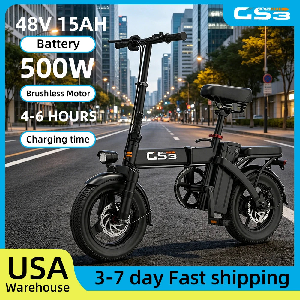 GS3 14inch Lightweight Folding Electric Bike for Adults 48V 15AH 500W Motor Electric Bicycle 25KM/H Max Speed City Style E-bike