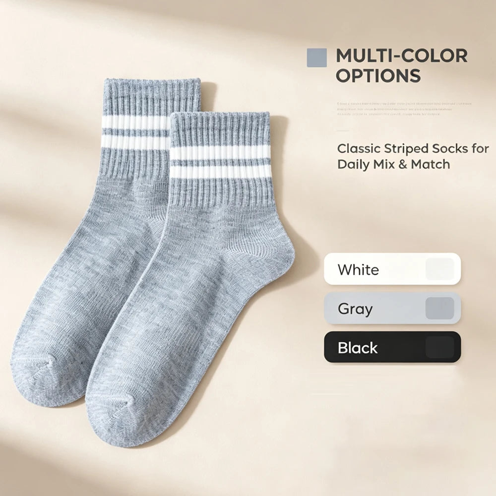 10/20/30 Pairs Men Women Striped Socks Cotton Round Neck Breathable Odor Proof Sweat Absorb Casual White Black Socks All-Season