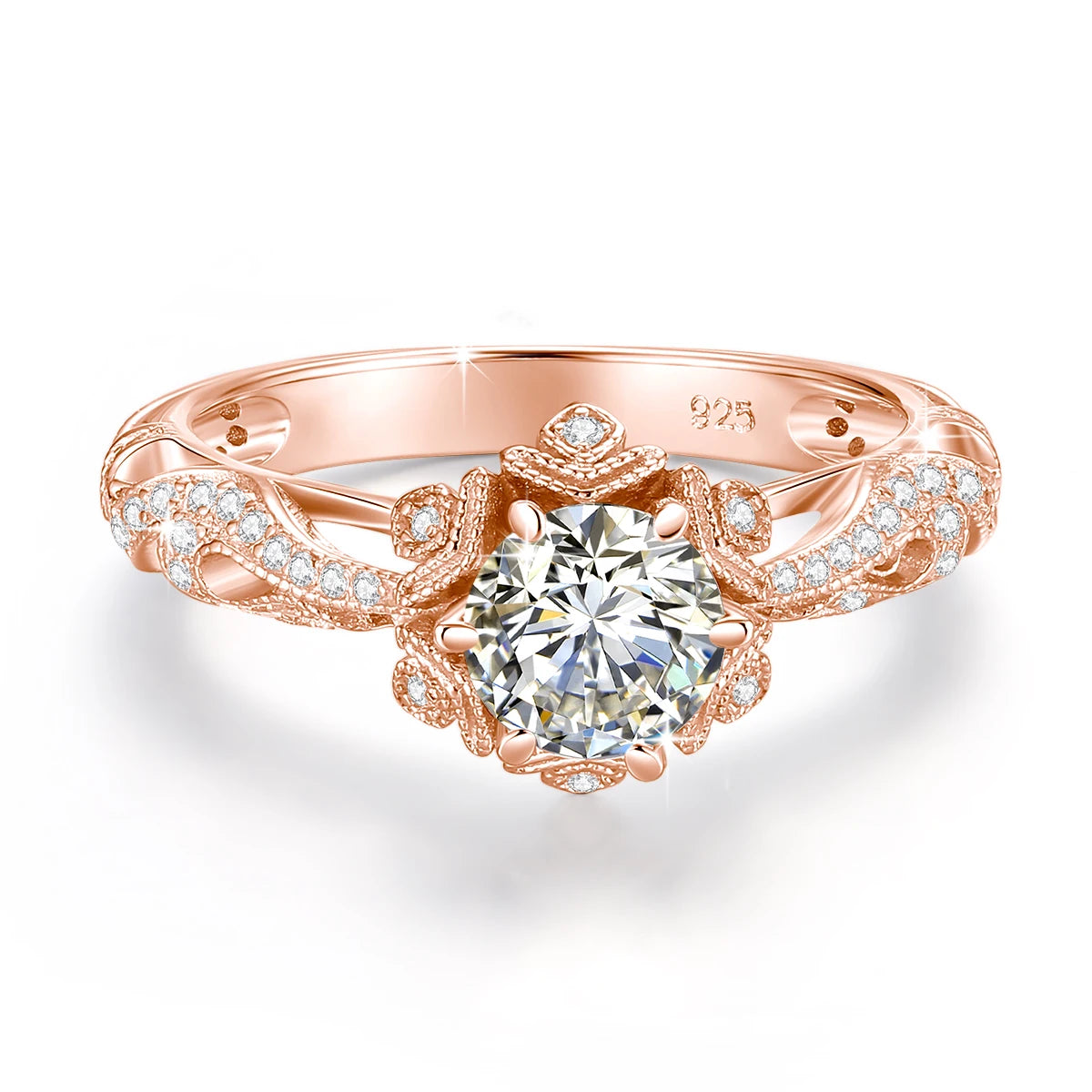  Vintage Victorian Filigree 18K Gold Plated Ring For Women Round Cut Moissanite Halo Engagement Wedding Band Fine Jewelry