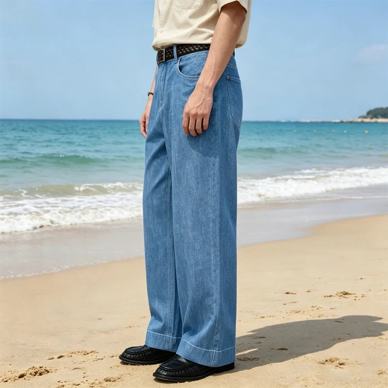 Retro Men's High Waist Wide Leg Jeans Loose Fit Denim Pants Breathable Casual Stretchy Heavyweight Cotton Y2K Baggy Trousers