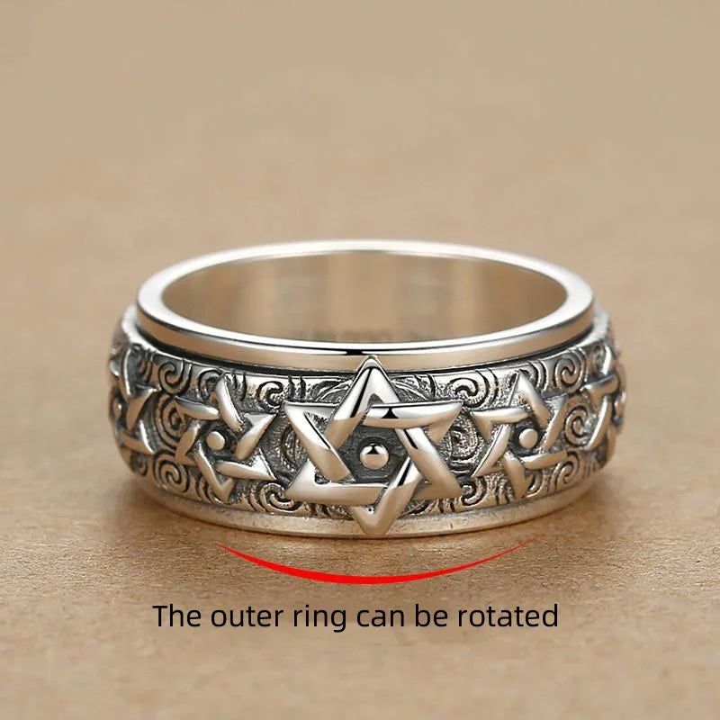 Real S999 Sterling Silver Vintafe Great Wall Pattern Double Layer Rotatable Closed Rings For Man Woman Lucky Jewelry Gift