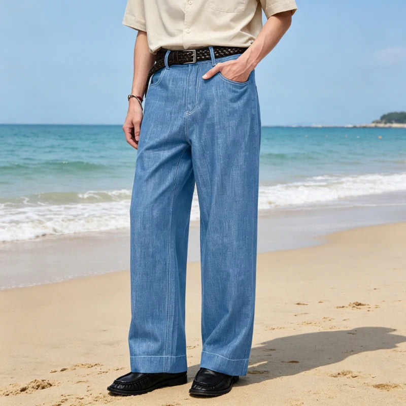 Retro Men's High Waist Wide Leg Jeans Loose Fit Denim Pants Breathable Casual Stretchy Heavyweight Cotton Y2K Baggy Trousers