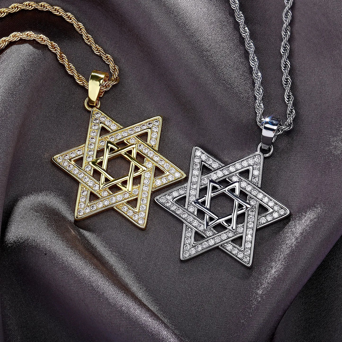 Unisex Iced Out Cubic Zirconia Gothic Star of David Pendant Necklace Gold Silver Color Hexagram Chain Hip Hop Jewelry