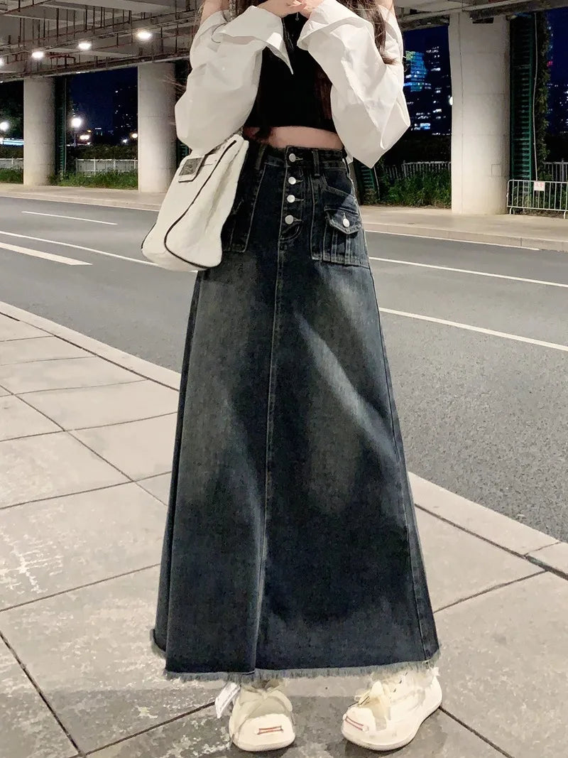 Elegant Style High Waist Raw Hem Denim Skirt Fashion Vintage A-Line Midi Indie Design Comfortable Long Denim Skirt