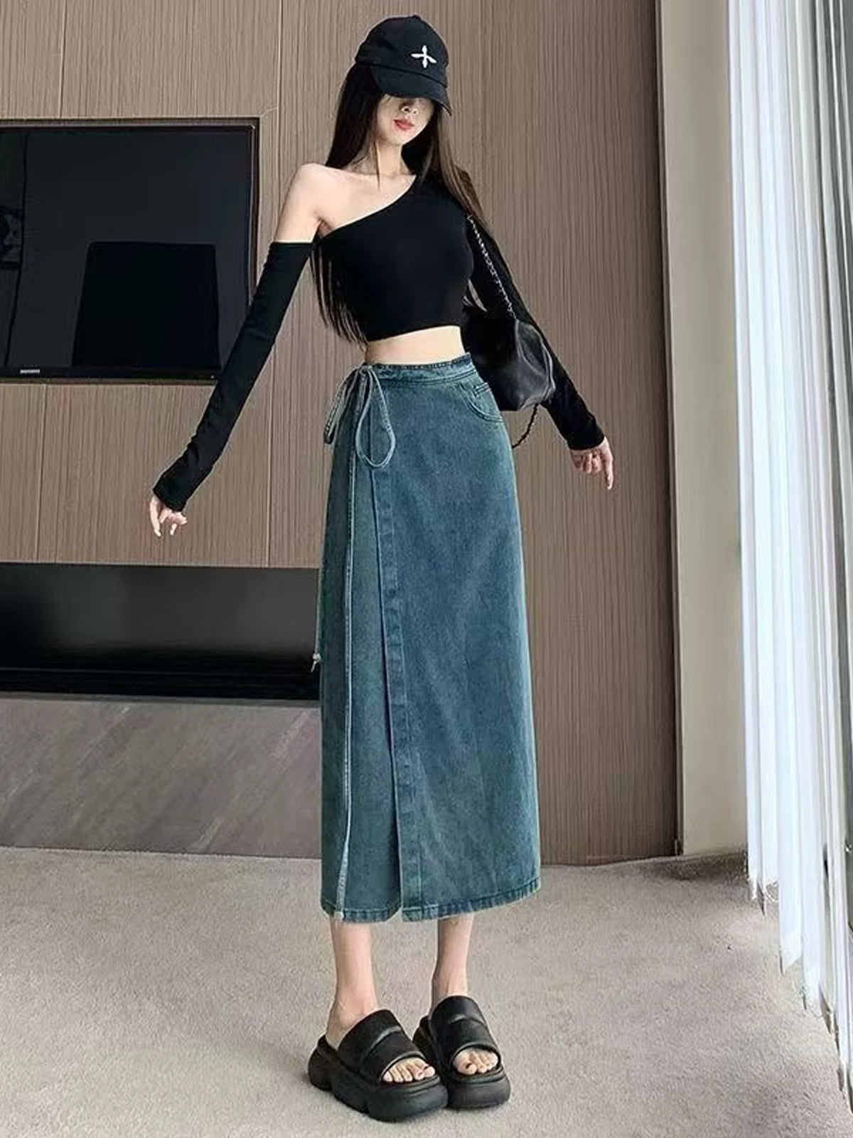 American Retro High Waist Denim  Skirt Women's Fashion Design Loose Slimming Long Split Skirt Casual High Waist Denim Skirt