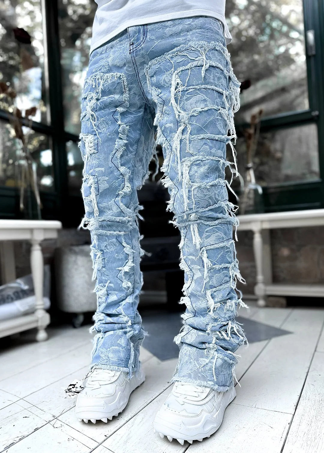 New European and American Heavyweight Streetwise Stretch Patch Jeans for Men, High Street Straight Fit Long Jeans