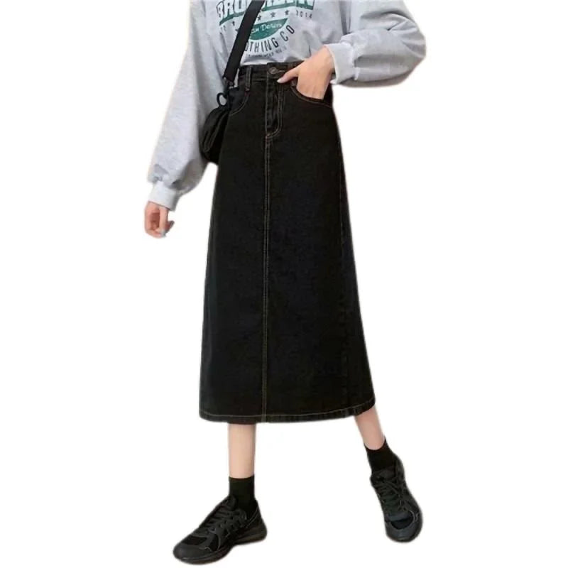 High Waist A-Line  Midi Skirts Women's Denim Skirts High Waist Design Sensation Small Audience Hip Covering Split Skirts