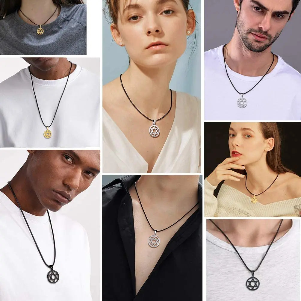 Stainless Steel Star of David Necklace for Men Women Cool Punk Shark Teeth Necklace Cross Necklace Black Leather Cord