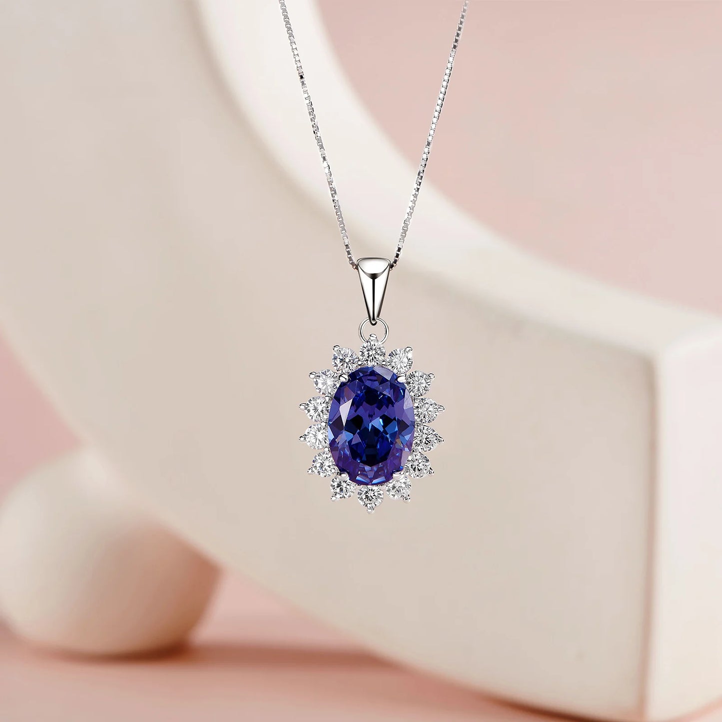 6.4 Ct Oval Shape Blue AAAAA Zircon Pendant Solid 925 Sterling Silver 18 Inches Chain Necklace for Women