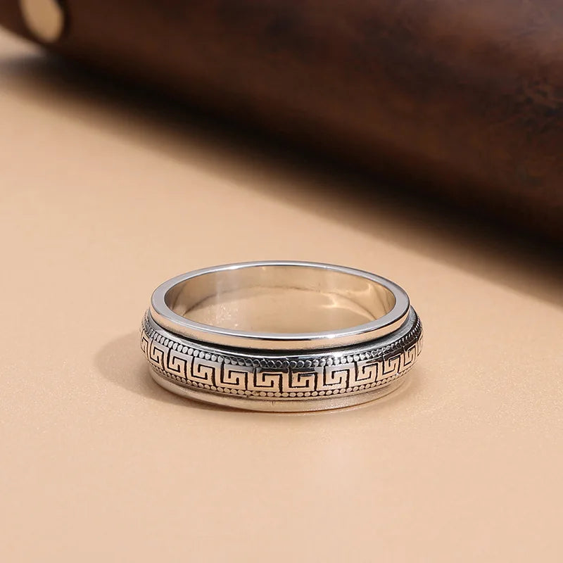 Real S999 Sterling Silver Vintafe Great Wall Pattern Double Layer Rotatable Closed Rings For Man Woman Lucky Jewelry Gift