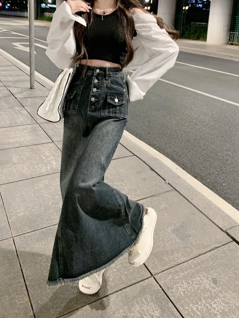 Elegant Style High Waist Raw Hem Denim Skirt Fashion Vintage A-Line Midi Indie Design Comfortable Long Denim Skirt