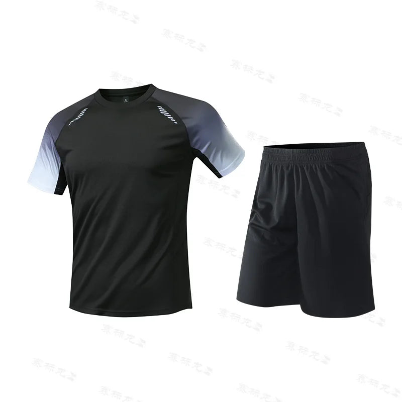 Fitness Clothes Ice Silk Quick Drying T-shirt Suit Men Short Sleeve Running Sportswear Shorts Tracksuit Gym Sports Training Sets