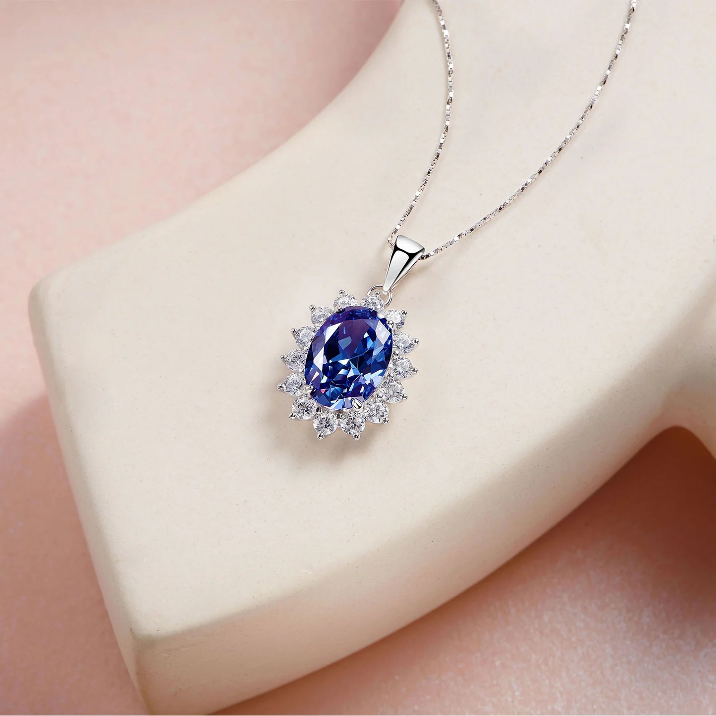 6.4 Ct Oval Shape Blue AAAAA Zircon Pendant Solid 925 Sterling Silver 18 Inches Chain Necklace for Women