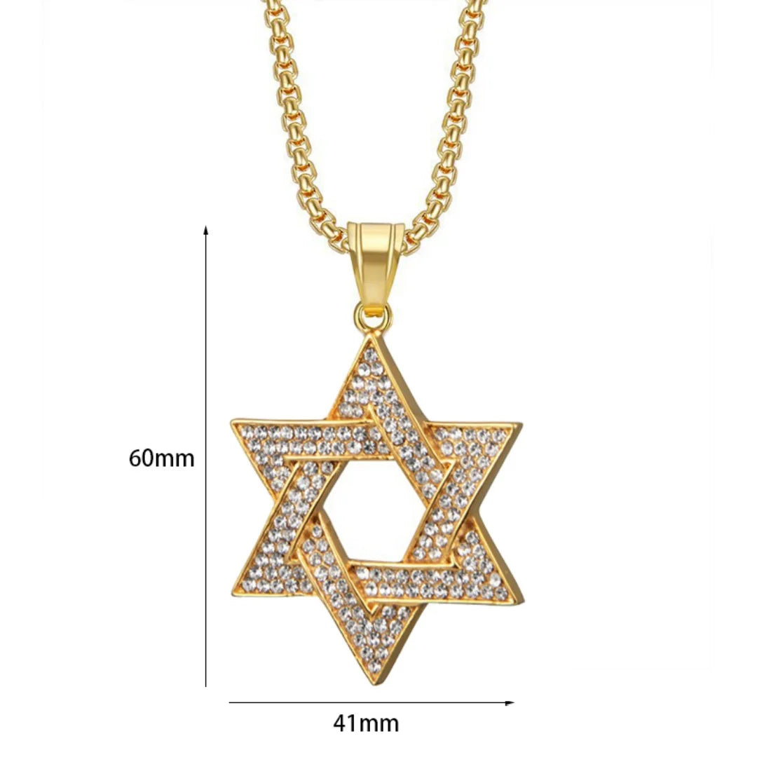 Hiphop Tennis Star of David Pendant Gold Silver Color Stainless Steel Zirconia Hexagram Necklace for Woman Man Religious Jewelry