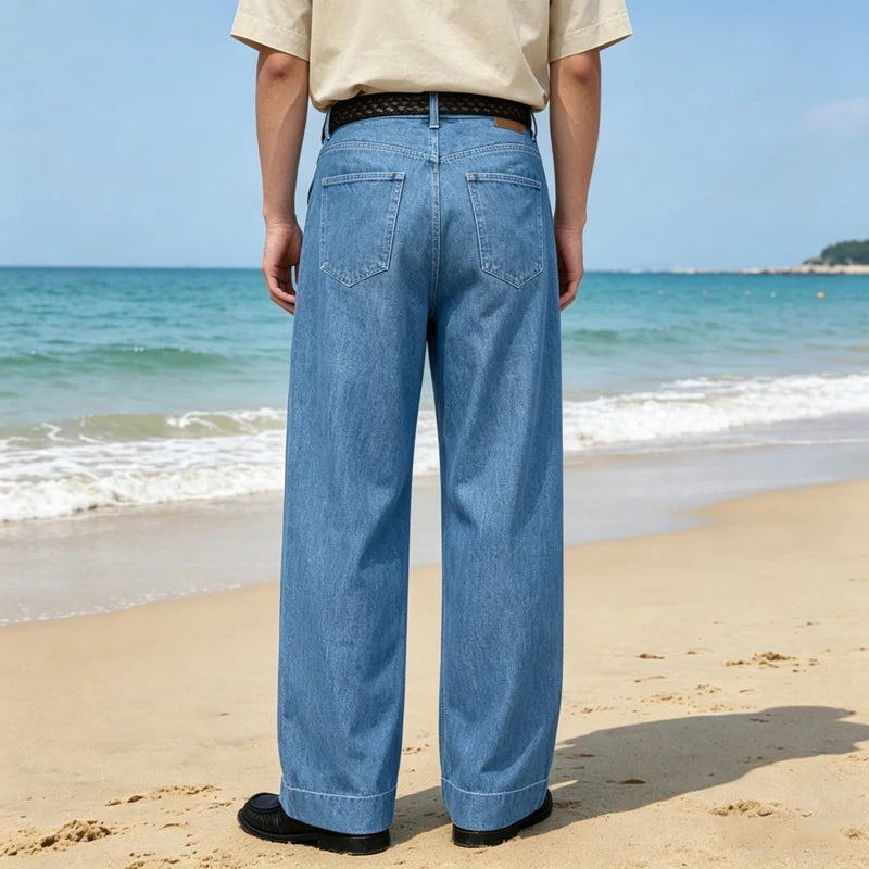 Retro Men's High Waist Wide Leg Jeans Loose Fit Denim Pants Breathable Casual Stretchy Heavyweight Cotton Y2K Baggy Trousers