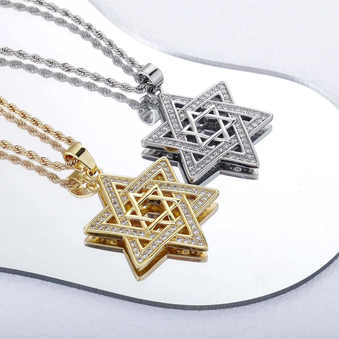Unisex Iced Out Cubic Zirconia Gothic Star of David Pendant Necklace Gold Silver Color Hexagram Chain Hip Hop Jewelry