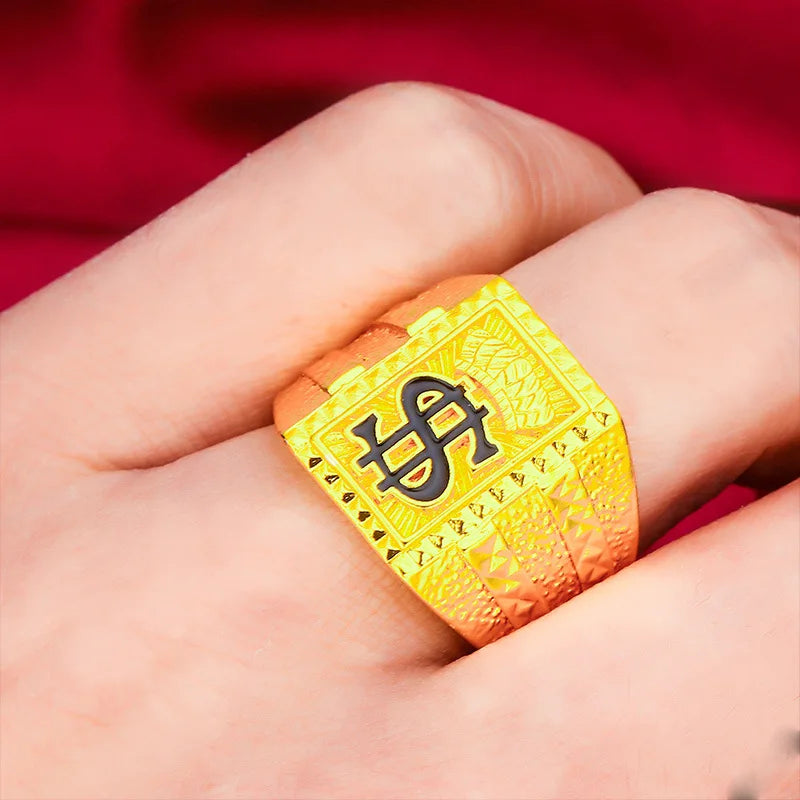 Luxury 24K 9999 Pure Gold real gold Men's domineering square ring $ ring