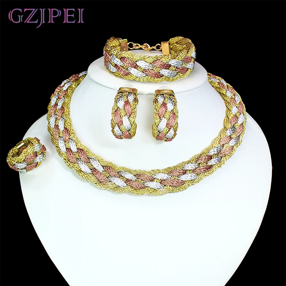 Handmade Tri Color Braided Jewelry Set 4Pcs Bohemia Boho Women Woven Twis Necklace Earrings Bracelet Ring Jewelry Gift
