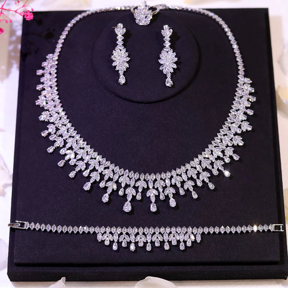 Jewelry Sets Leaf Design Bridal Necklace Earring Set 5A Cubic Zirconia Femme Ladies Wedding Accessories