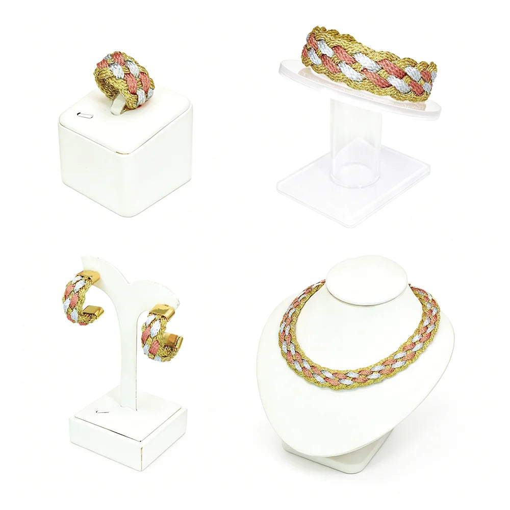 Handmade Tri Color Braided Jewelry Set 4Pcs Bohemia Boho Women Woven Twis Necklace Earrings Bracelet Ring Jewelry Gift