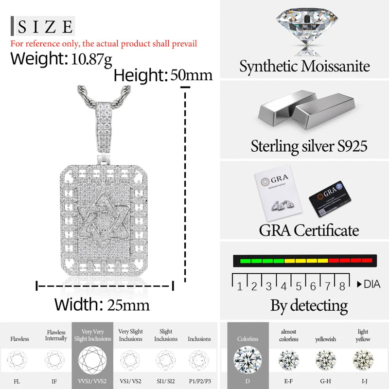 Hip Hop Iced Out Star of David Pendant Necklace for Men S925 Silver Full Moissanite Bling Hexagram Dog Tag Jewelry Gift