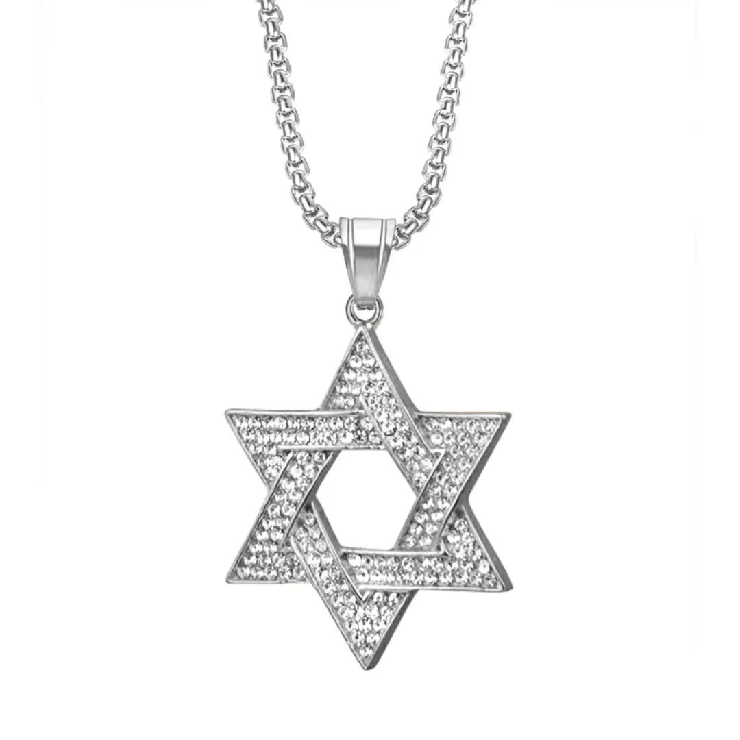 Hiphop Tennis Star of David Pendant Gold Silver Color Stainless Steel Zirconia Hexagram Necklace for Woman Man Religious Jewelry