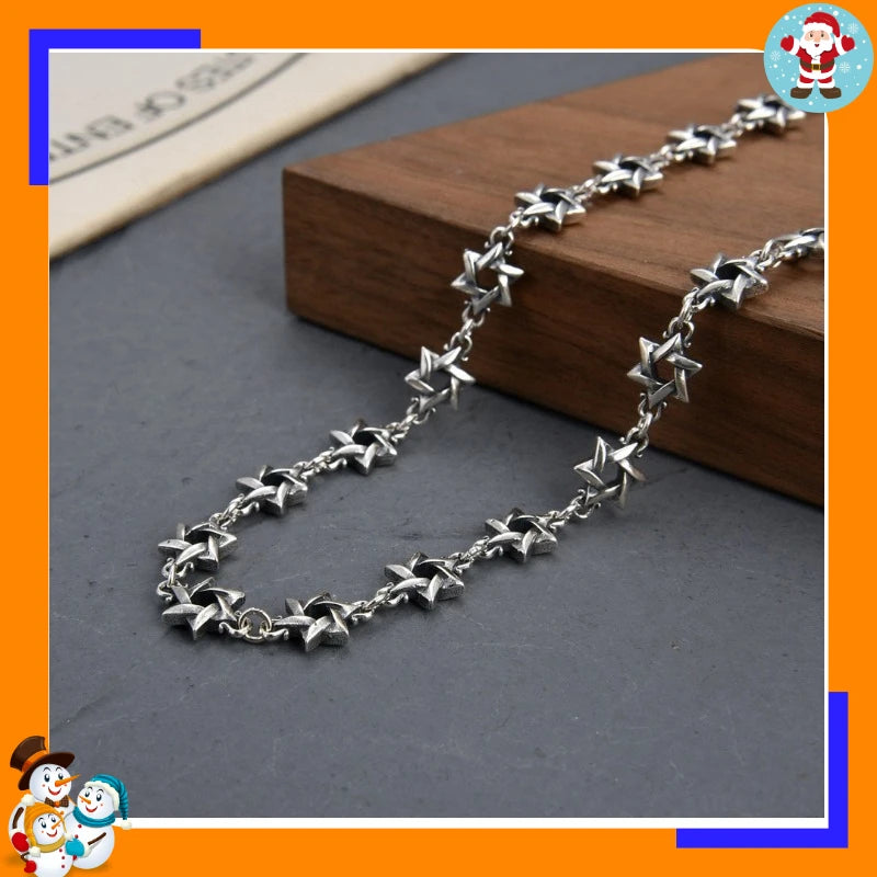 Trendy Brand Thai Silver Cross Necklace Hexagram Personality Accessories Hip Hop Lobster Buckle Men's and Women's Sweater Chain