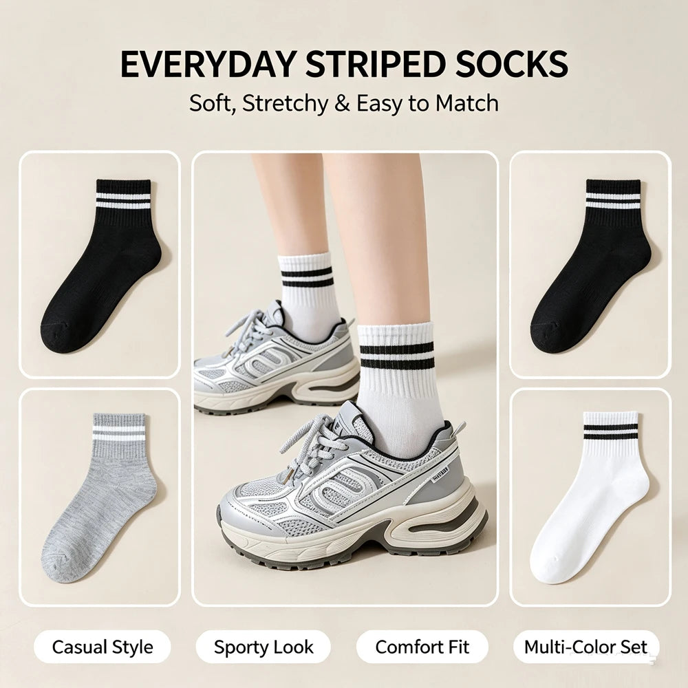 10/20/30 Pairs Men Women Striped Socks Cotton Round Neck Breathable Odor Proof Sweat Absorb Casual White Black Socks All-Season