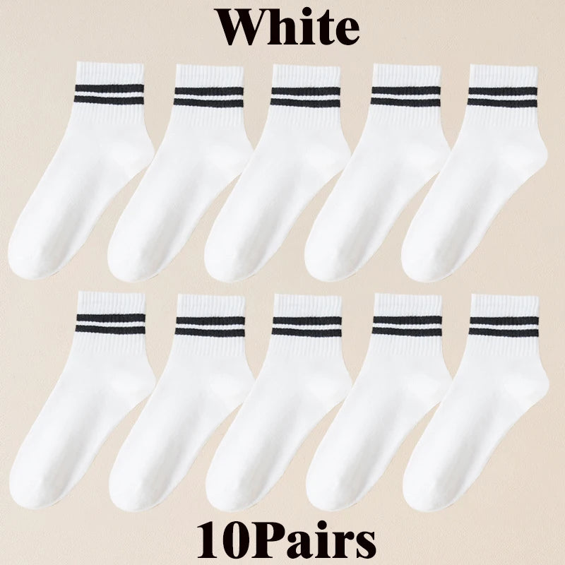 10/20/30 Pairs Men Women Striped Socks Cotton Round Neck Breathable Odor Proof Sweat Absorb Casual White Black Socks All-Season