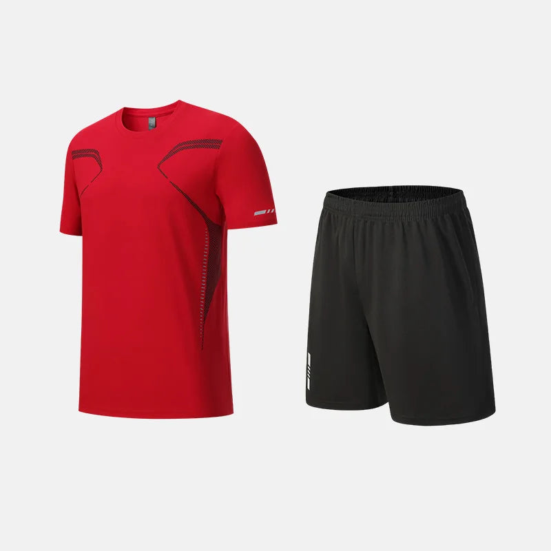Fitness Clothes Ice Silk Quick Drying T-shirt Suit Men Short Sleeve Running Sportswear Shorts Tracksuit Gym Sports Training Sets