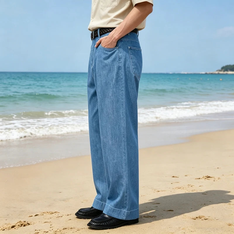 Retro Men's High Waist Wide Leg Jeans Loose Fit Denim Pants Breathable Casual Stretchy Heavyweight Cotton Y2K Baggy Trousers