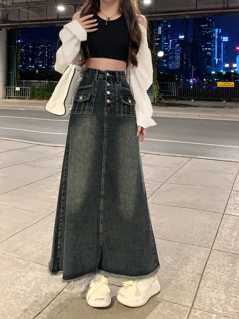 Elegant Style High Waist Raw Hem Denim Skirt Fashion Vintage A-Line Midi Indie Design Comfortable Long Denim Skirt