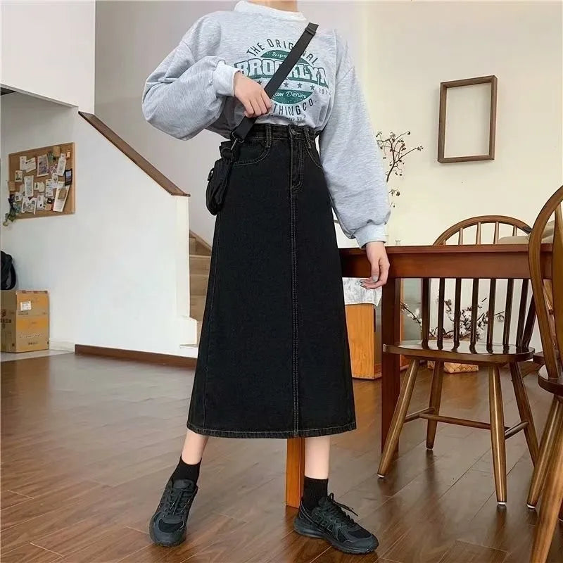 High Waist A-Line  Midi Skirts Women's Denim Skirts High Waist Design Sensation Small Audience Hip Covering Split Skirts