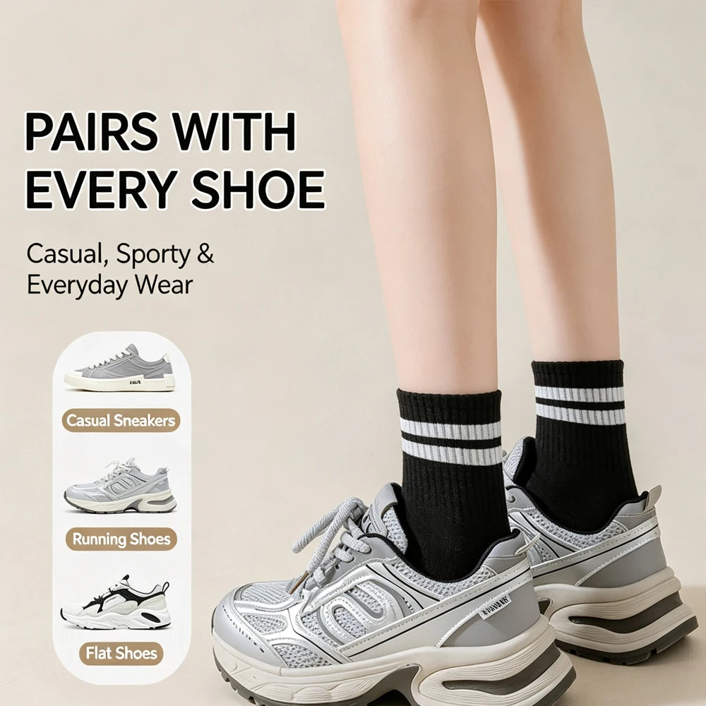 10/20/30 Pairs Men Women Striped Socks Cotton Round Neck Breathable Odor Proof Sweat Absorb Casual White Black Socks All-Season