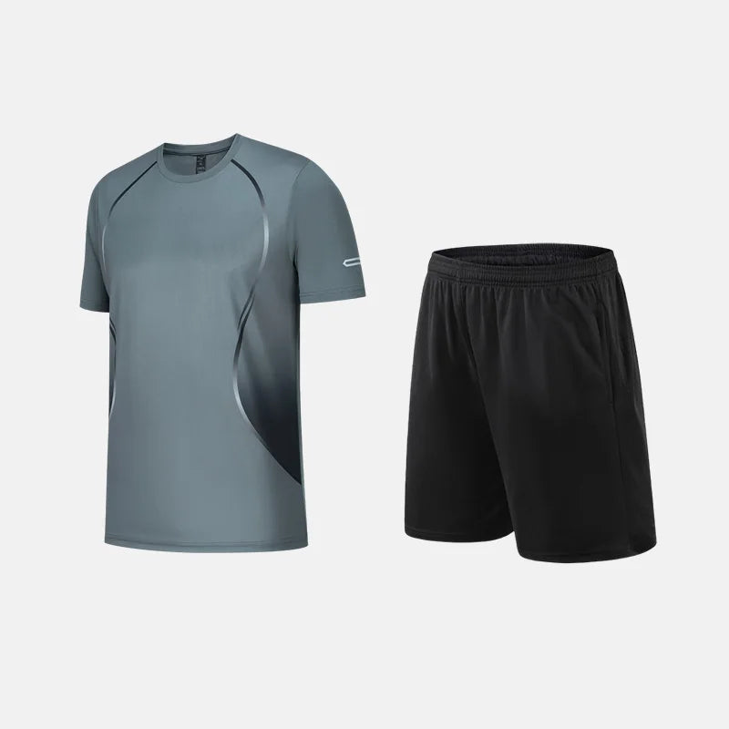 Fitness Clothes Ice Silk Quick Drying T-shirt Suit Men Short Sleeve Running Sportswear Shorts Tracksuit Gym Sports Training Sets