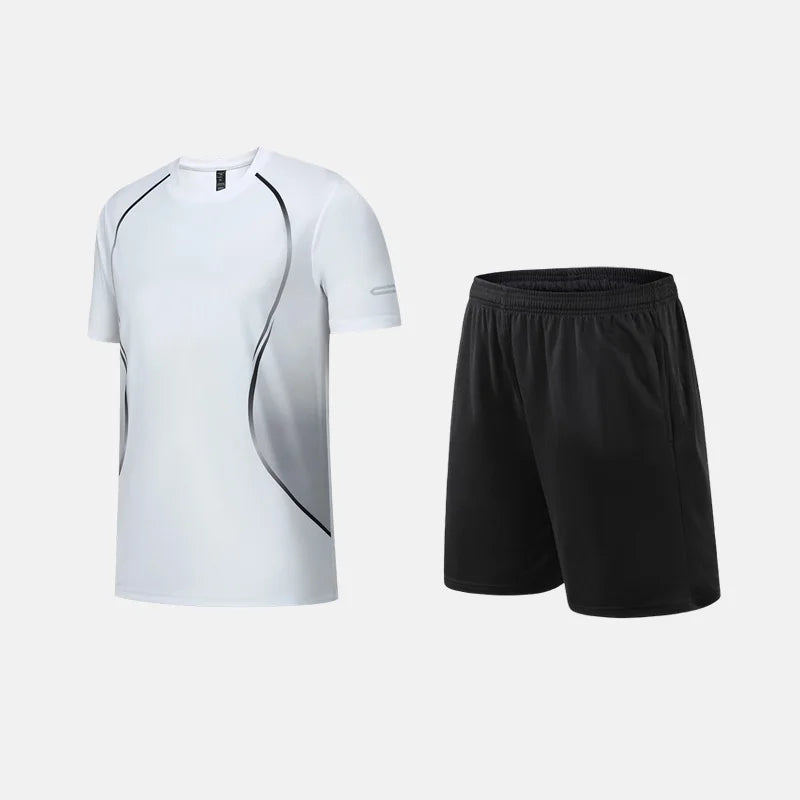 Fitness Clothes Ice Silk Quick Drying T-shirt Suit Men Short Sleeve Running Sportswear Shorts Tracksuit Gym Sports Training Sets