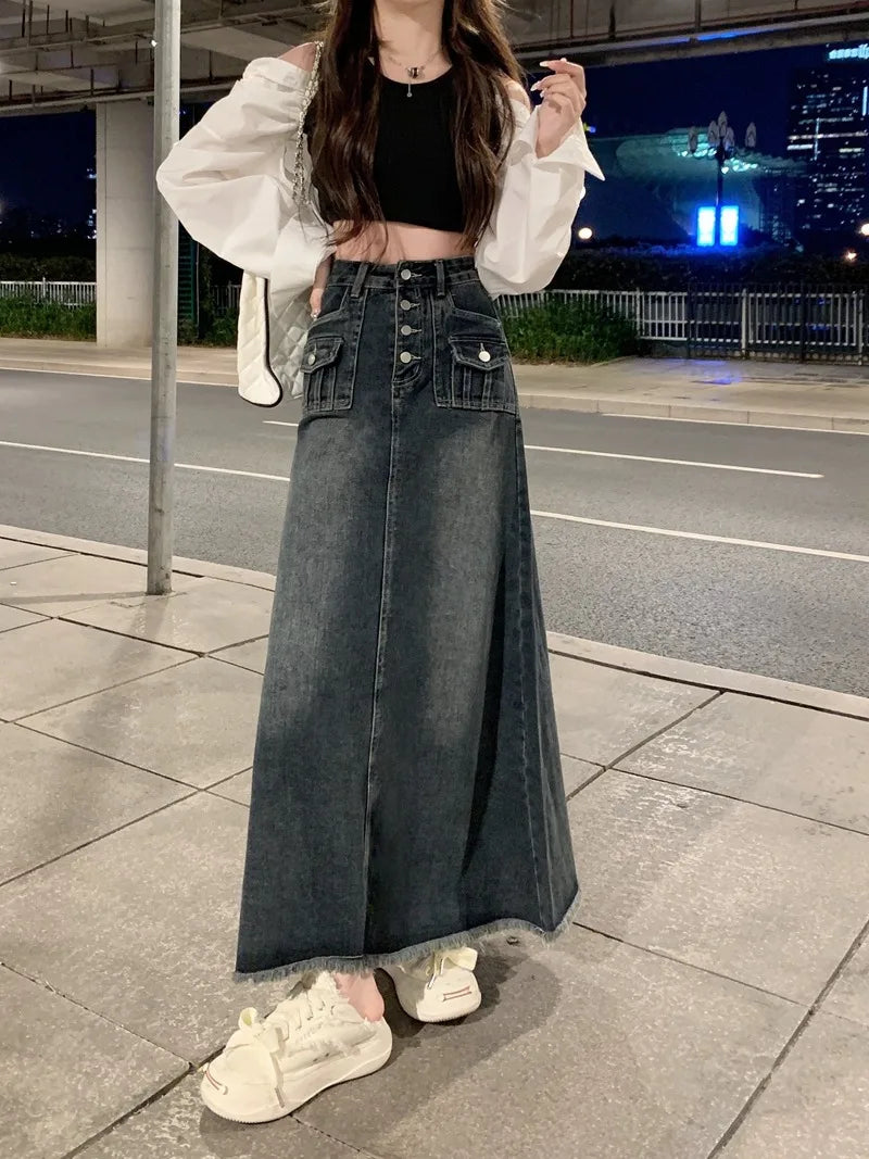 Elegant Style High Waist Raw Hem Denim Skirt Fashion Vintage A-Line Midi Indie Design Comfortable Long Denim Skirt
