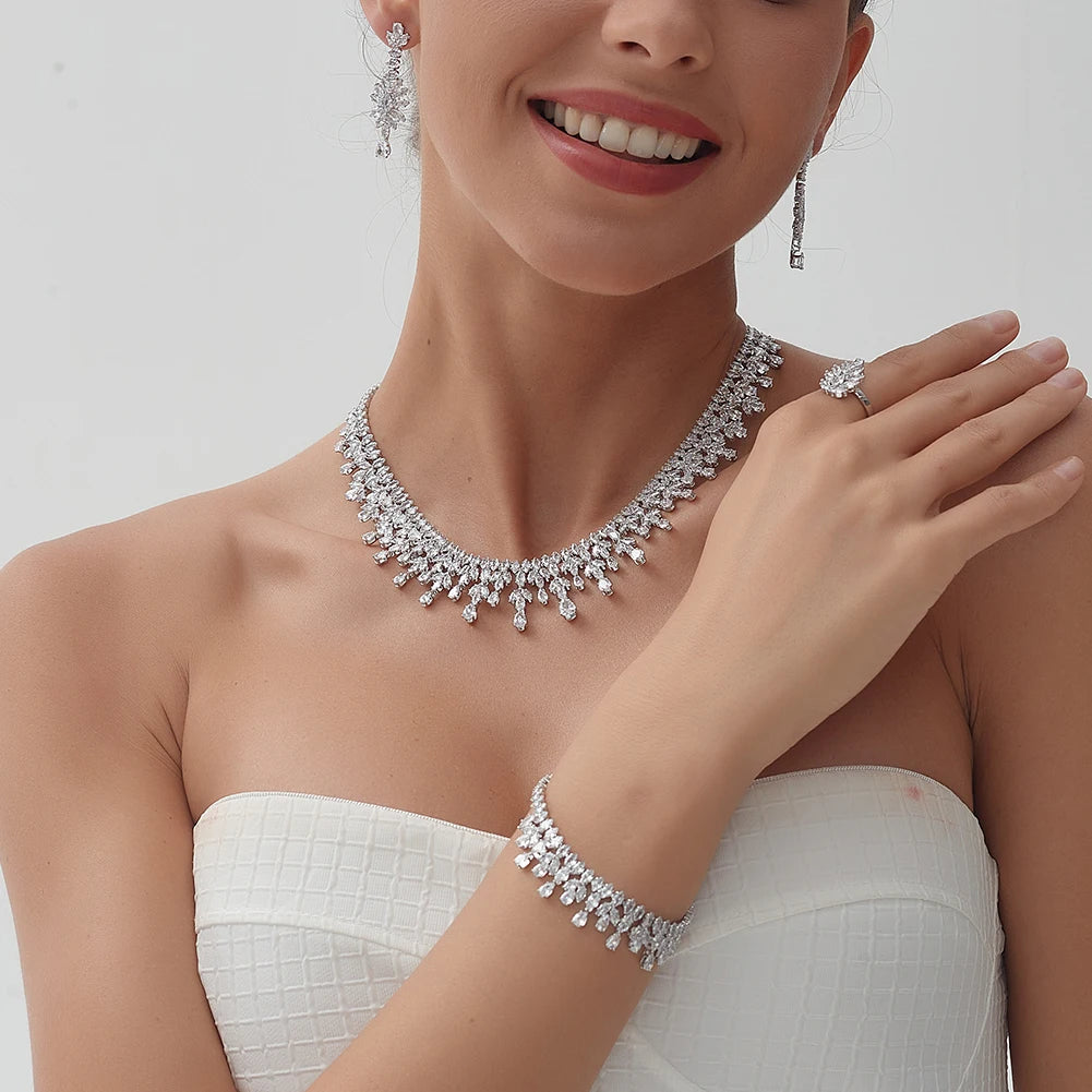 Jewelry Sets Leaf Design Bridal Necklace Earring Set 5A Cubic Zirconia Femme Ladies Wedding Accessories