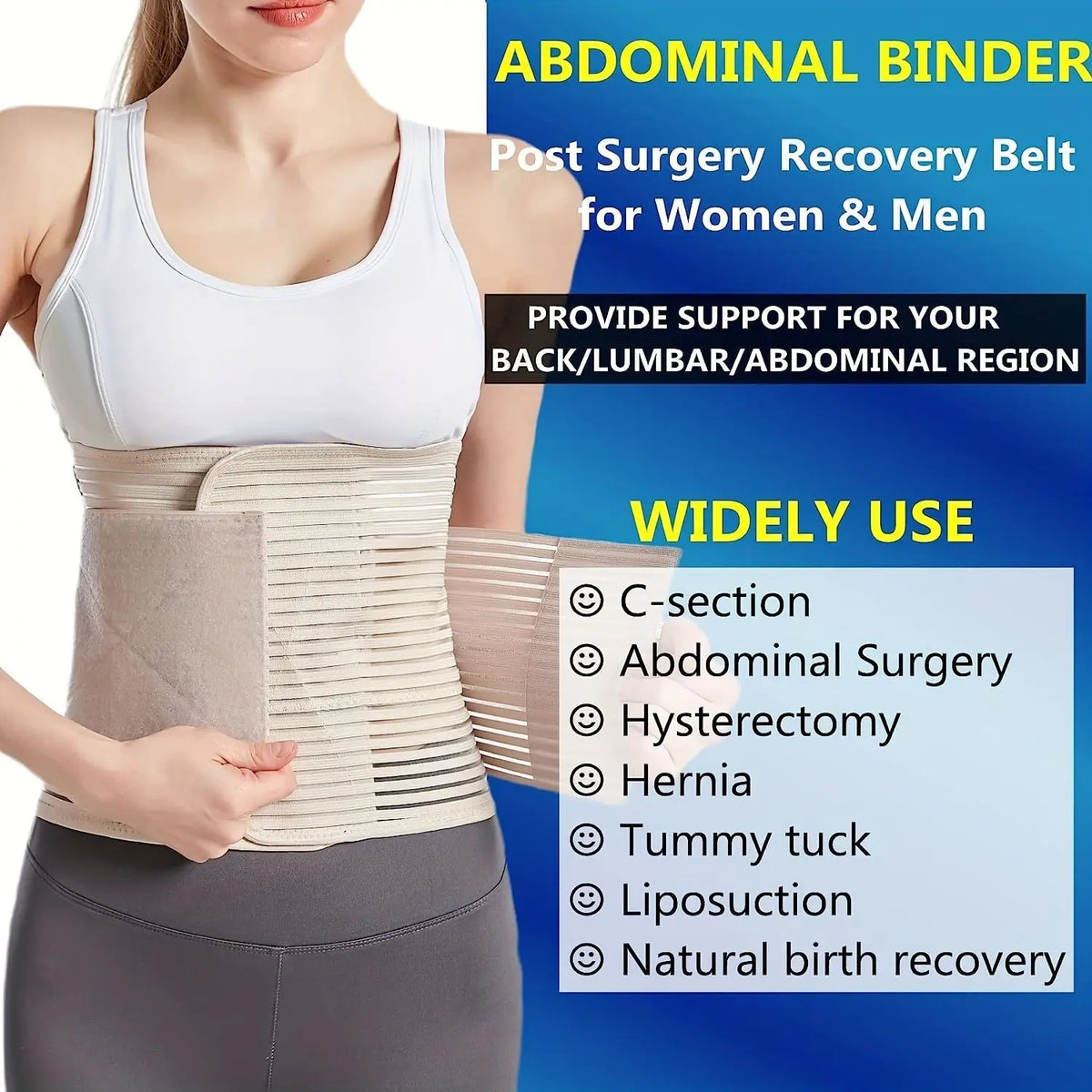 Abdominal Binder for Men & Women – Post Surgery Belly Band Adjustable Compression Wrap Belly Binder Abdomen Hernia Support Belt