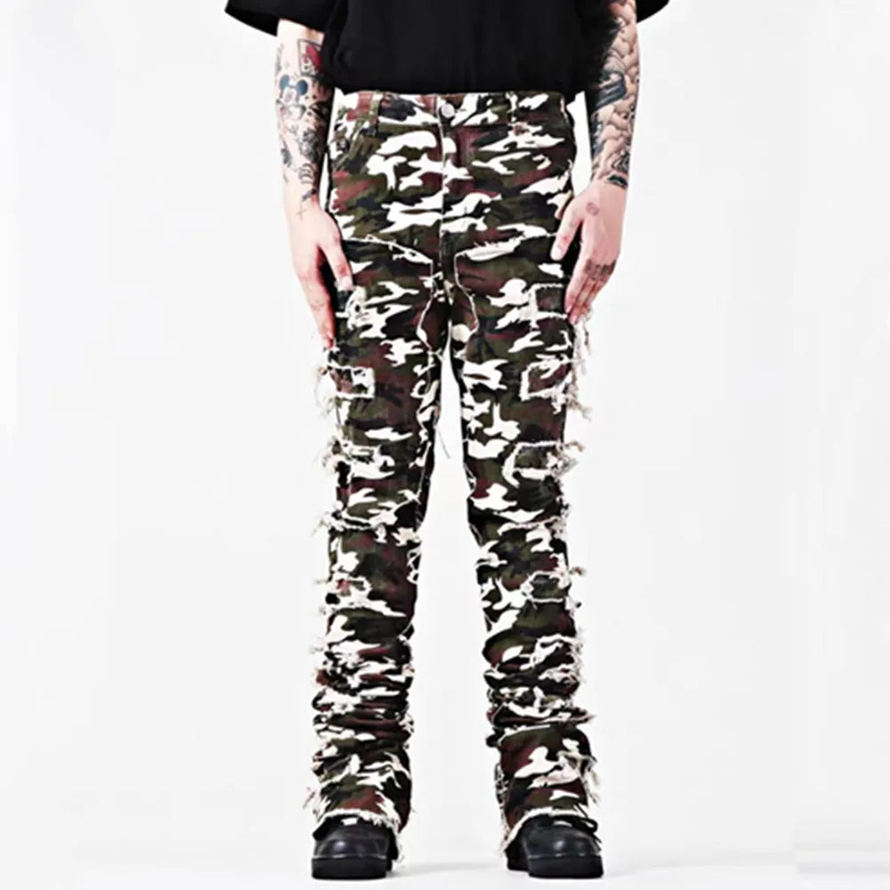 New European and American Heavyweight Streetwise Stretch Patch Jeans for Men, High Street Straight Fit Long Jeans