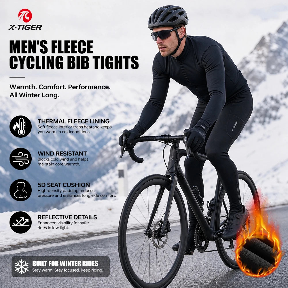 X-TIGER Men Winter Cycling Bib Tights 5D Gel Pad Cushion Bike Cycling Trousers 3 Pockets Windproof Thermal for Road MTB Long Riding Pants