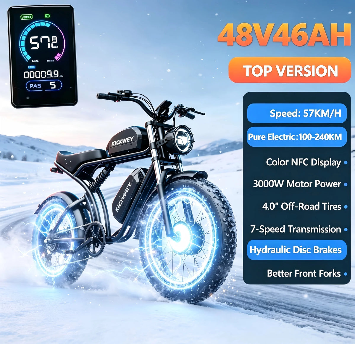 K7 Electric Bike, 3000W Off-Road Electric Bicycle, Full Suspension E-Bike, 20" Fat Tire All-Terrain Electric Dirt Bike