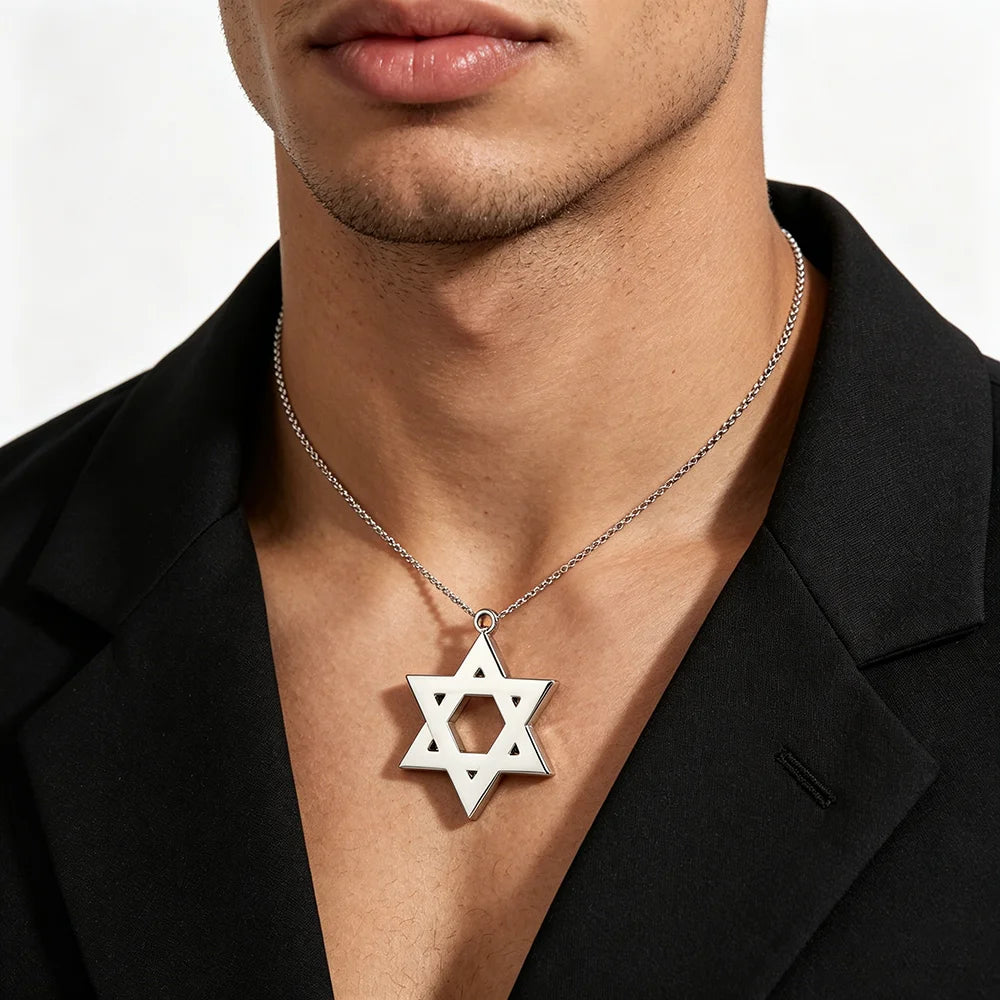 Fnixtar Custom 20pcs Star of David and Jewish Pendant Necklace Sweater Chain 20mm Hexagram Judaism Stainless Steel Jewelry